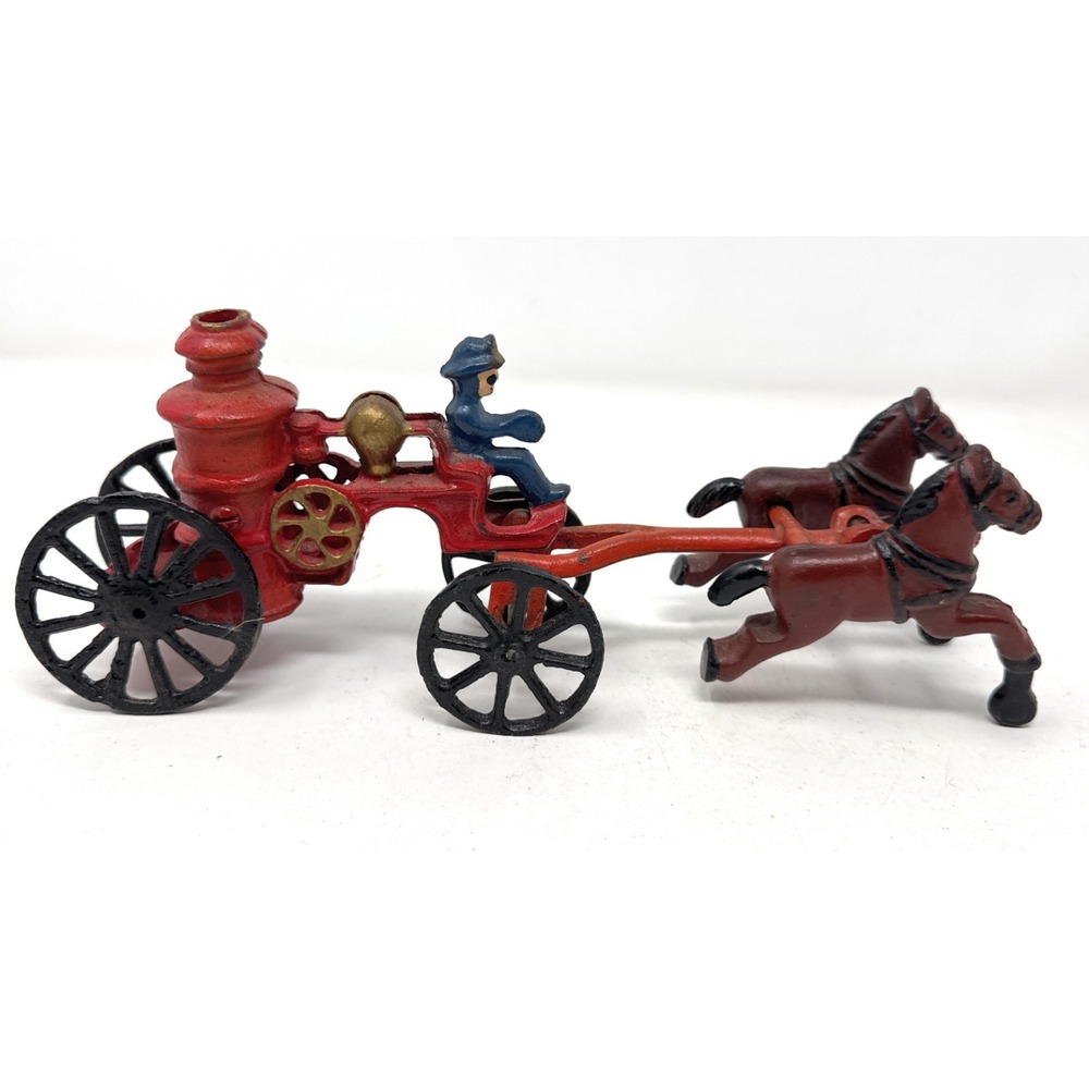 Vintage 1930's‎ Cast Iron Toy, 2 Horses Pulling Wagon With Fire Pumper & Fireman